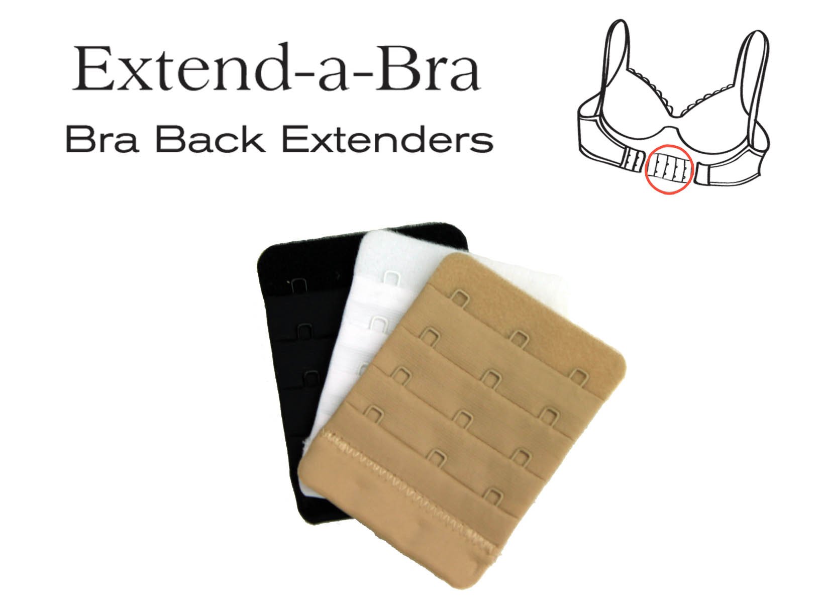 Extend-a-Bra: 3 hook set featuring black, white, and nude colors, designed for adjustable bra fit and comfort.