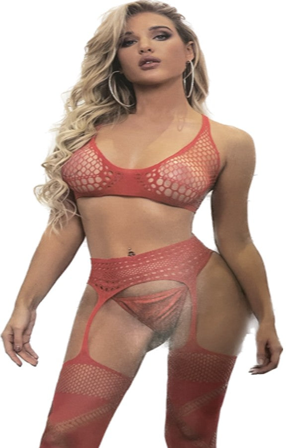 A seductive fishnet two piece lingerie set featuring intricate patterns, designed for comfort and allure.