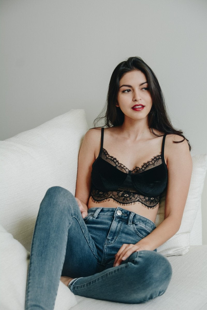 Flimsy Velvet Lace Cami featuring luxurious velvet fabric and sheer lace accents, designed with adjustable straps for a secure fit.