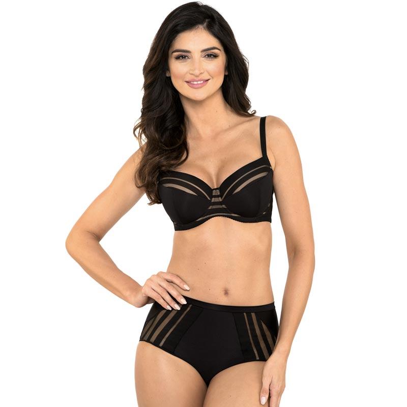 Gorteks Luna Black Full Figure Padded Striped Bra featuring soft striped fabric, underwire support, and adjustable straps for a comfortable fit.