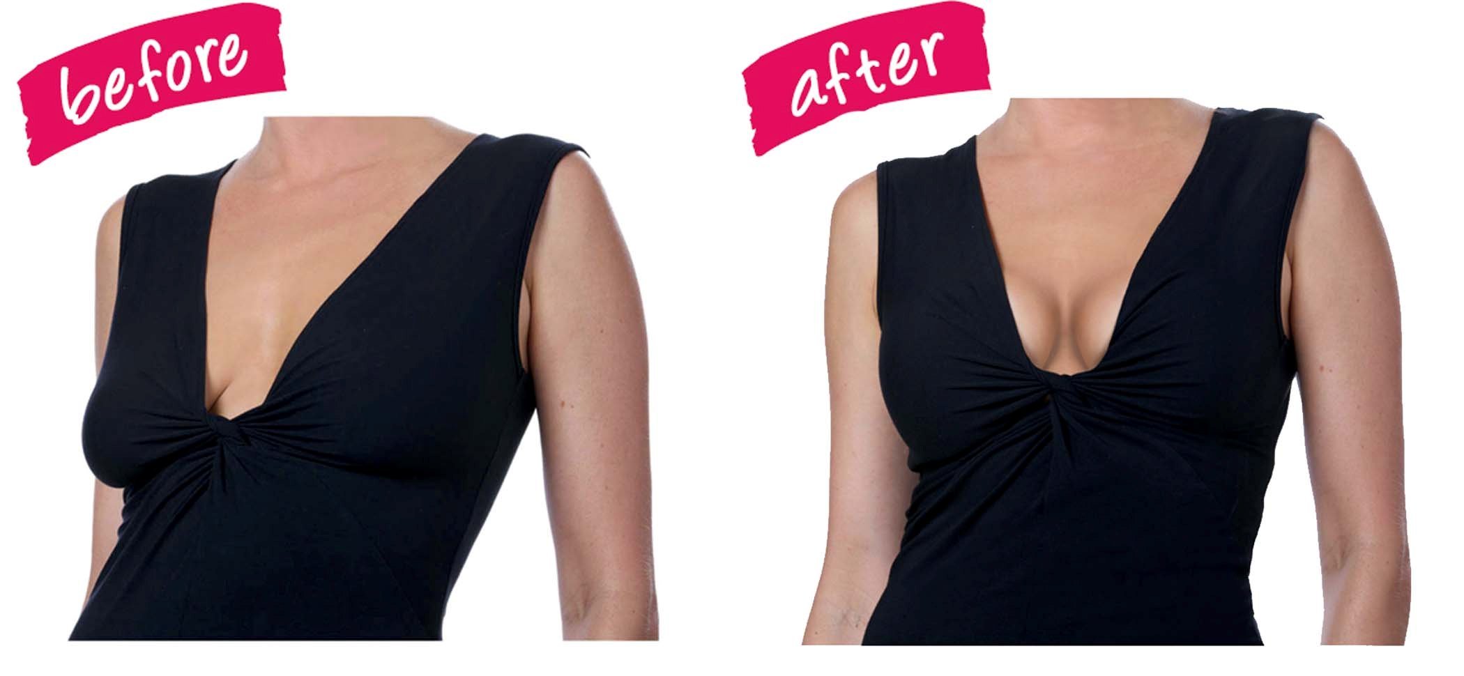 Gather-the-Girls silicone cleavage enhancer with clear side wings for instant support and lift.