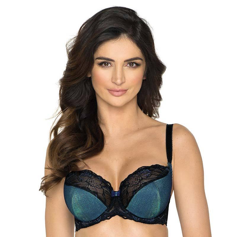 Gorteks Ariel Half Padded Bra featuring full figure underwire cups, delicate lace overlay, and chic green and black design with a ribbon bow.