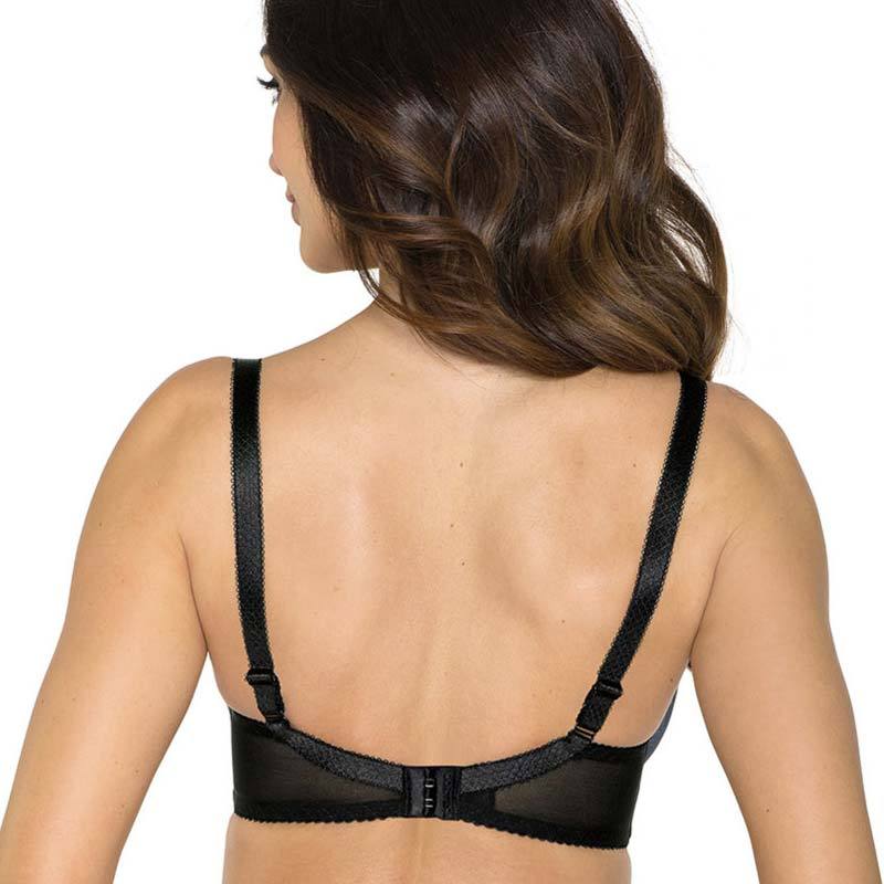 Gorteks Ariel Half Padded Bra featuring full figure underwire cups, delicate lace overlay, and chic green and black design with a ribbon bow.