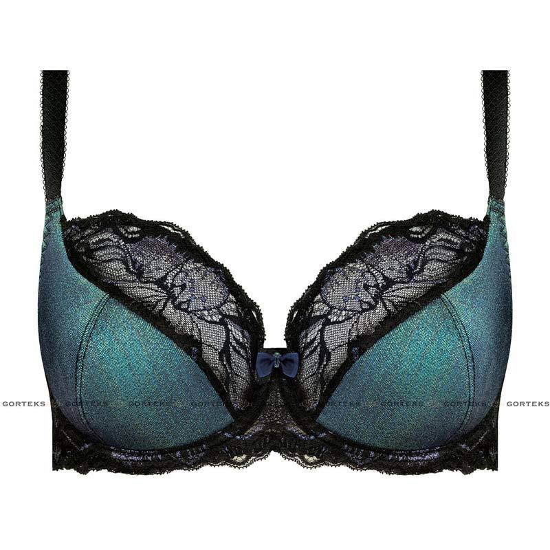 Gorteks Ariel Half Padded Bra featuring full figure underwire cups, delicate lace overlay, and chic green and black design with a ribbon bow.