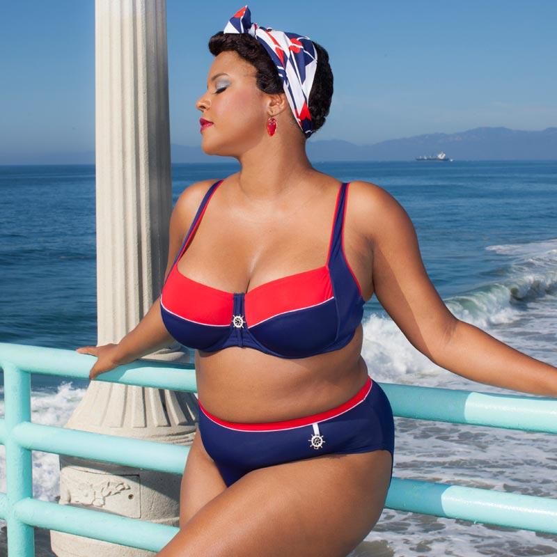 High Waist Bikini Bottom by Lauma Swimwear featuring a chic red accent at the waistline and navy-themed charm decoration on one side.