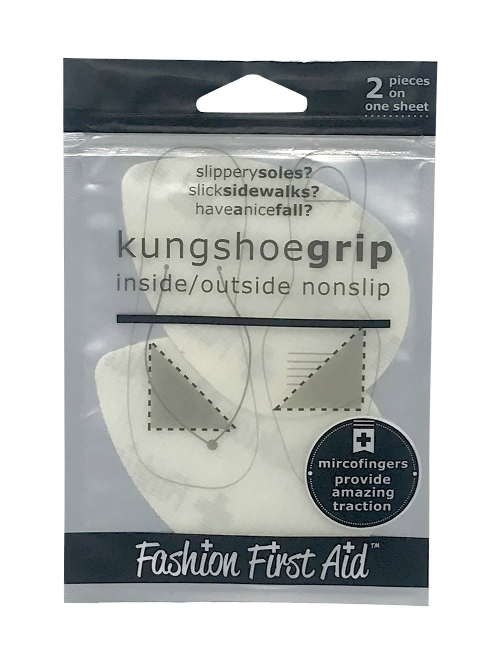 Kung Shoe Grip 2.0, clear self-adhesive nonslip shoe grips designed for enhanced traction on slippery surfaces.