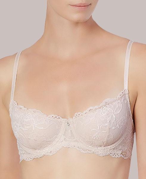 Montelle Intimates Flirt Lace Demi Cup Bra featuring luxurious lace, unlined underwire cups, and adjustable straps in various colors.