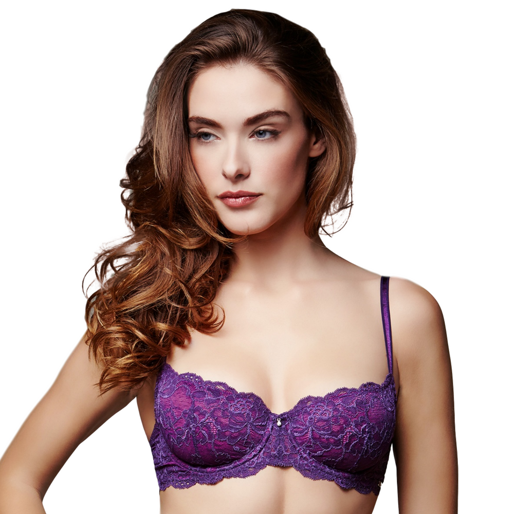 Montelle Intimates Flirt Lace Demi Cup Bra featuring luxurious lace, unlined underwire cups, and adjustable straps in various colors.