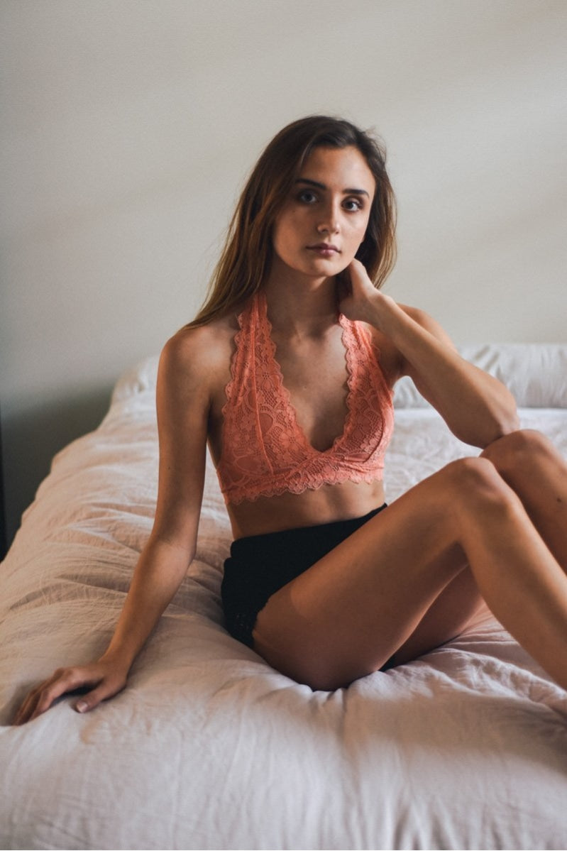 A stylish Lace Halter Bralette featuring intricate lace detailing, perfect for summer outfits and sundresses.