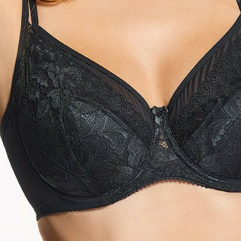 Kostar Lacy Love Lace Overlay Plunge Bra featuring elegant lace design, padded cups, sheer upper part, and feminine bow decoration in black color.