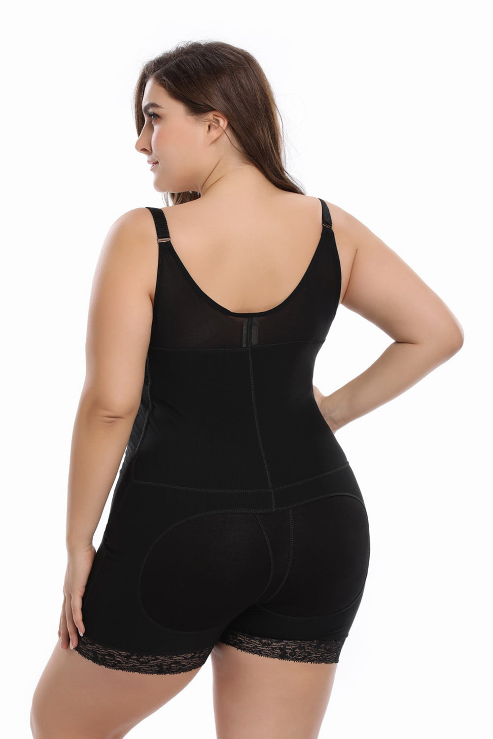 Lace Trim Zip-Up Under-Bust Shaping Bodysuit showcasing elegant lace details and a convenient zipper.