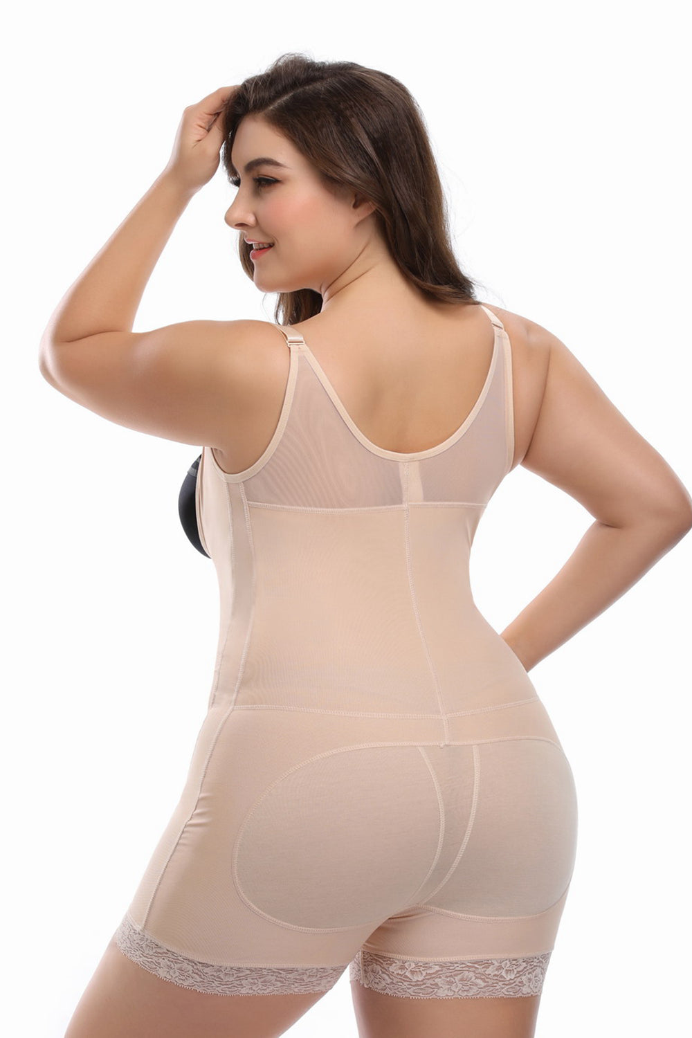 Lace Trim Zip-Up Under-Bust Shaping Bodysuit showcasing elegant lace details and a convenient zipper.