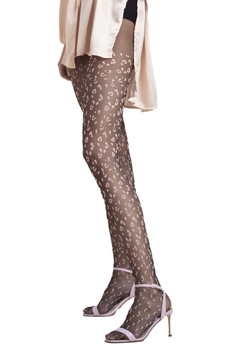 Leopard Print Tights Claudia 20 DEN in Black and Pink, featuring a stylish leopard pattern and comfortable ribbed waistband.