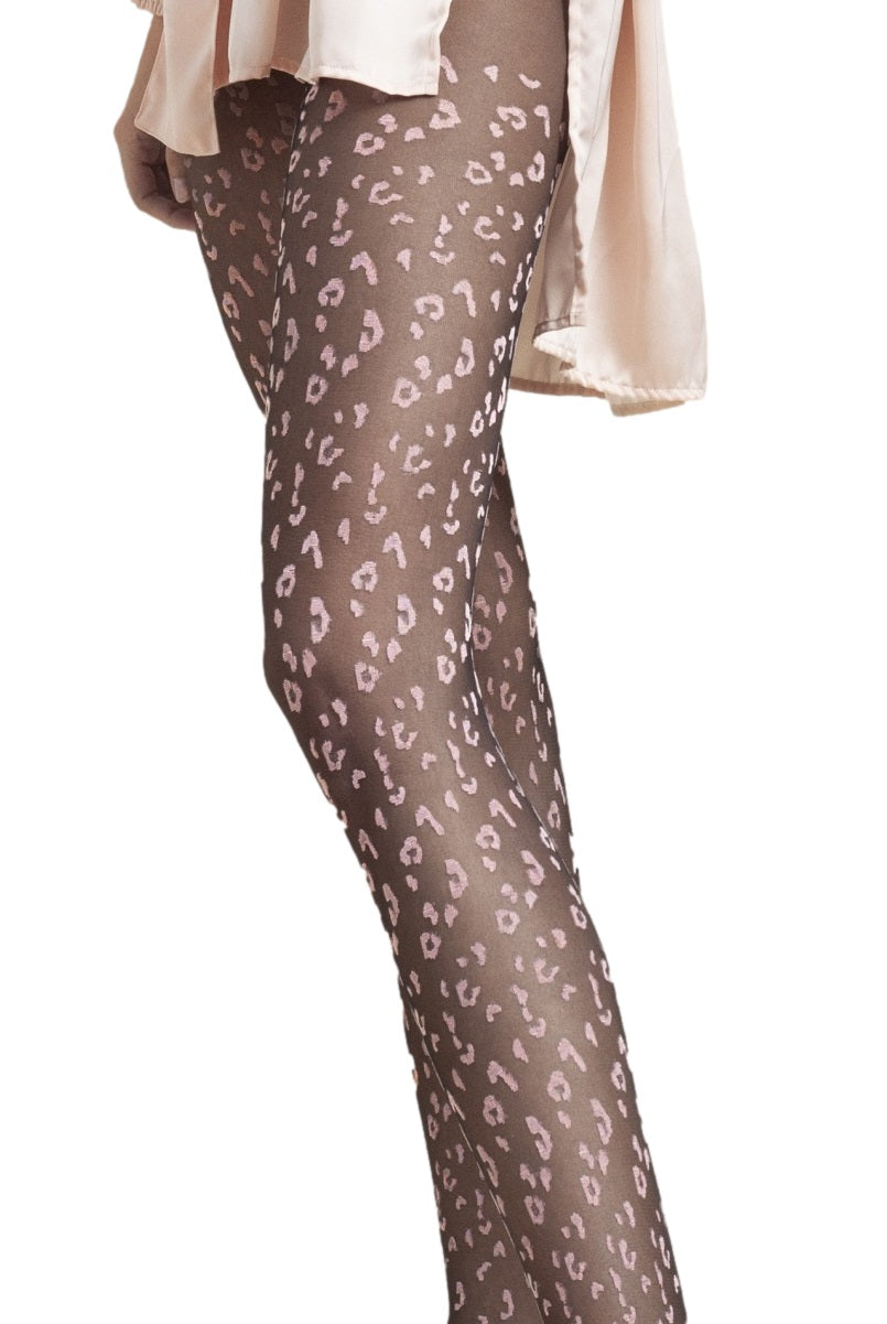 Leopard Print Tights Claudia 20 DEN in Black and Pink, featuring a stylish leopard pattern and comfortable ribbed waistband.