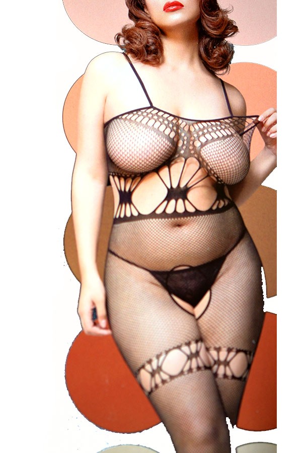 A stylish one-piece sexy lifestyle lingerie designed for plus sizes, made from a soft nylon-elastane blend, showcasing its elegant and flattering design.