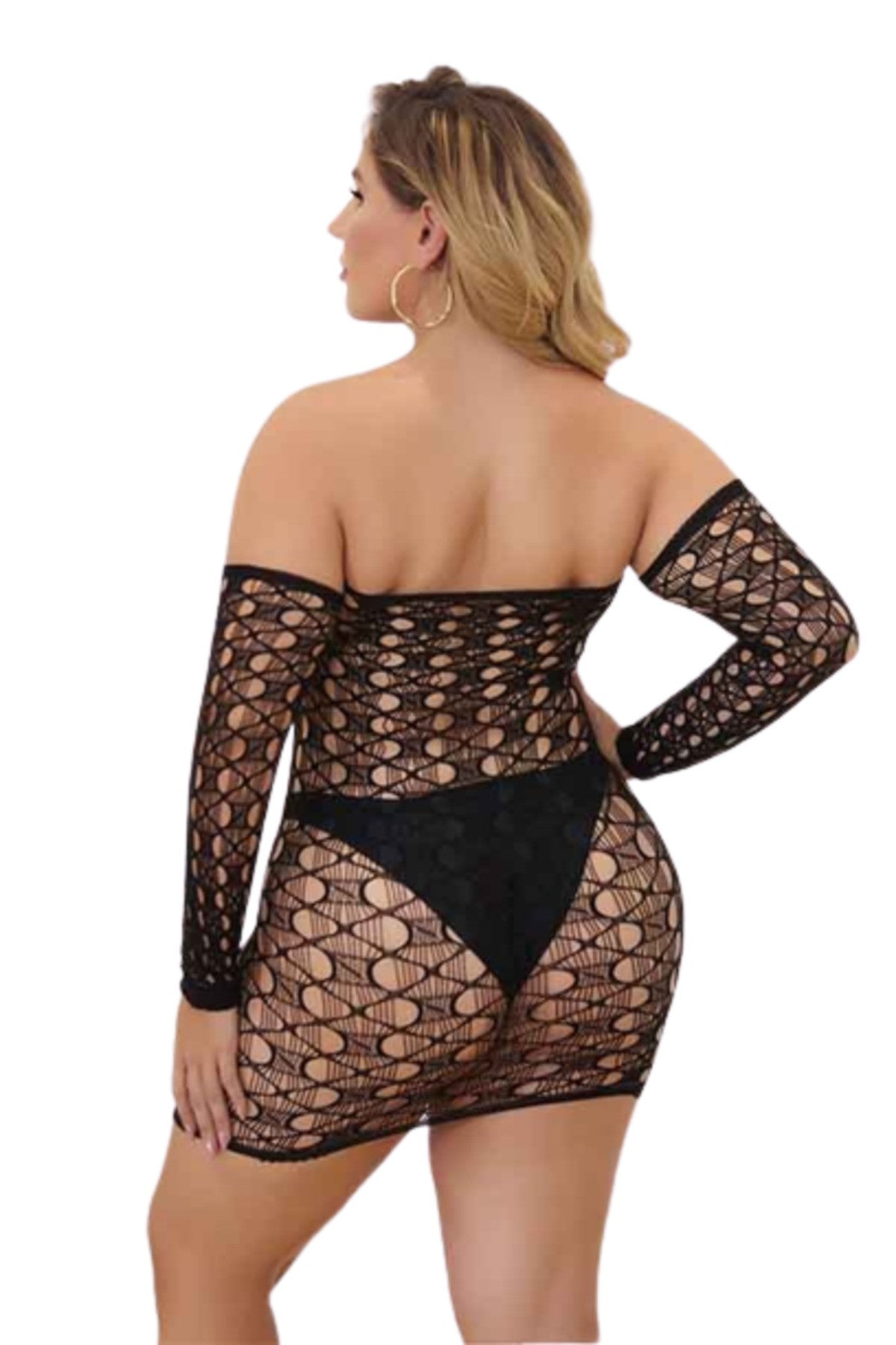 A queen size sexy fishnet tube dress with matching gloves, showcasing a stylish and alluring design perfect for parties.