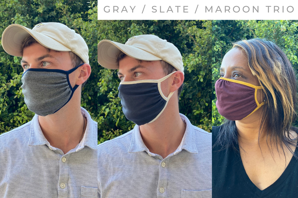 Two Ridiculously Comfy Reusable Cloth Masks in assorted colors, showcasing their soft fabric and stretchy earloops, perfect for everyday wear.