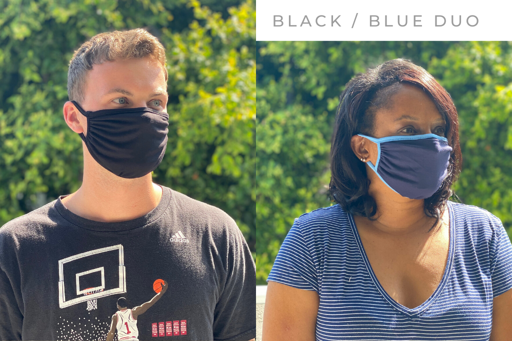 Two Ridiculously Comfy Reusable Cloth Masks in assorted colors, showcasing their soft fabric and stretchy earloops, perfect for everyday wear.