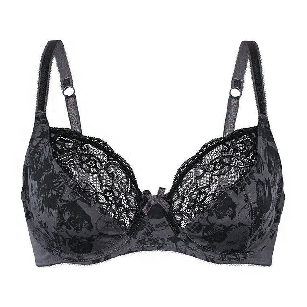 Sassa Charming Floral Semi Sheer Lace Demi Bra in black and gray with floral design and scalloped edges.