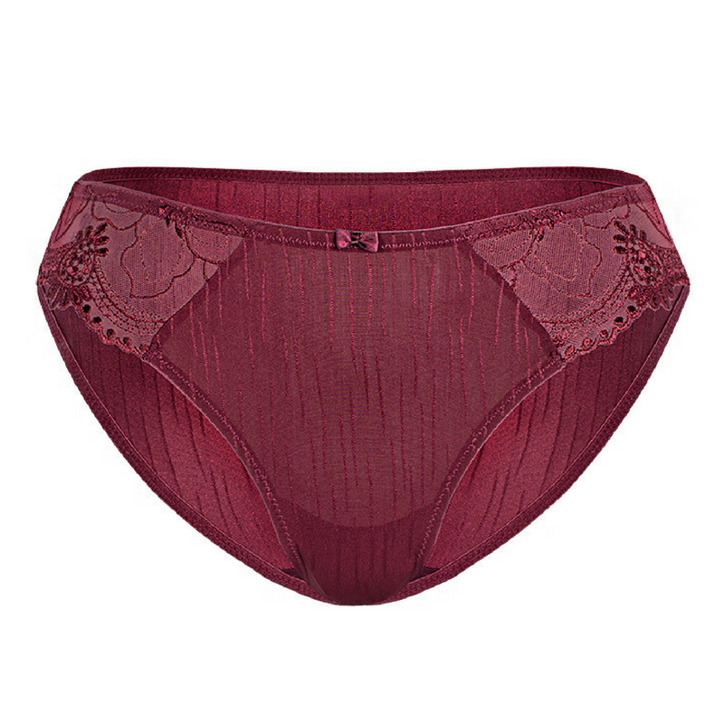 Sassa Miracle Lacy Bikini Panty in Bordeaux Red and Taupe Beige, showcasing high cut design and soft fabric.