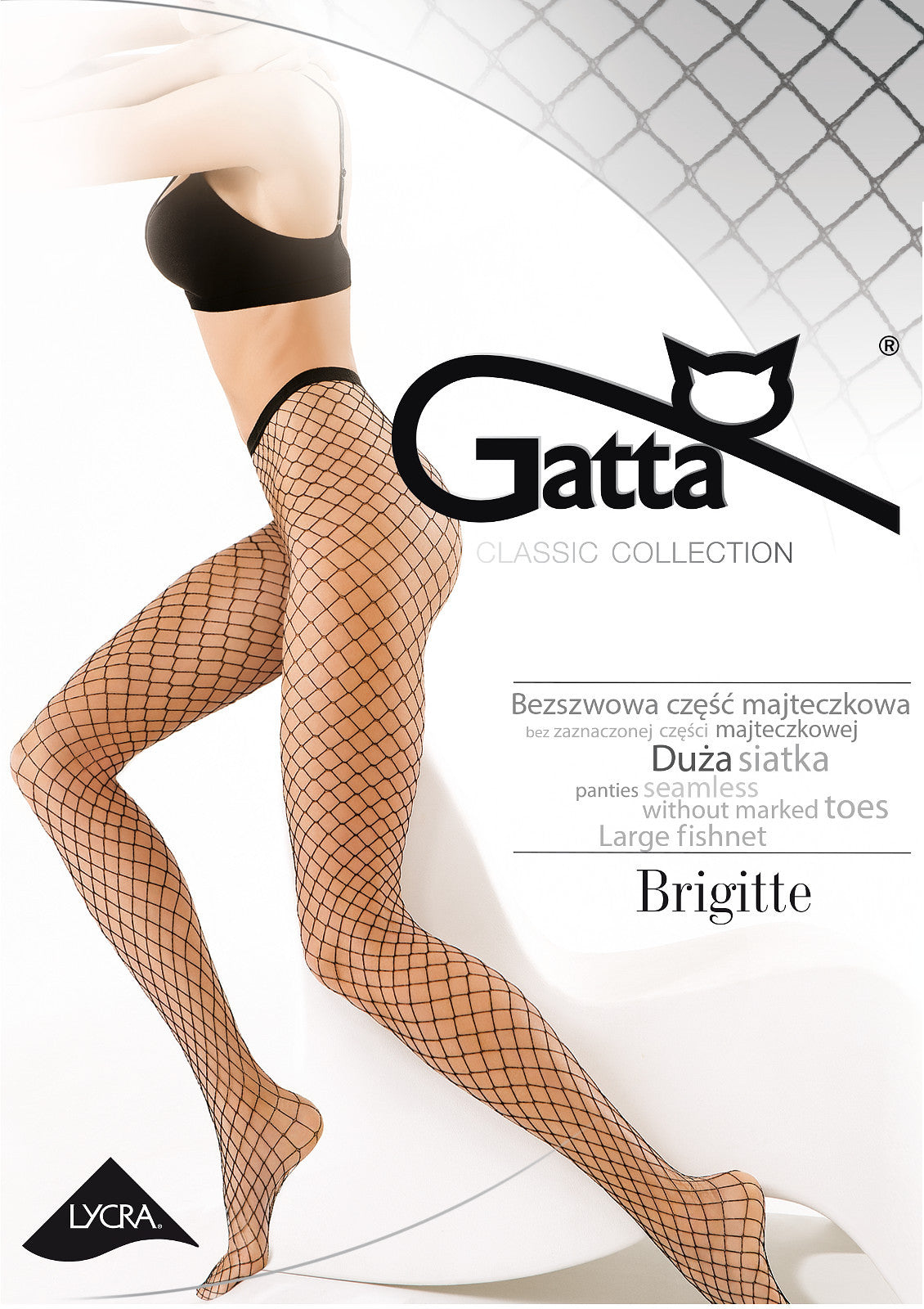 Gatta Brigitte Seamless Fishnet Tights in black with large mesh design, showcasing a stylish and bold look.