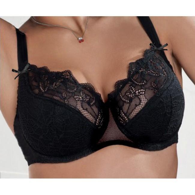 Semi Sheer Lace Half Padded Bra Sermija Honey in black, featuring decorative elastic stripes and adjustable straps for a perfect fit.