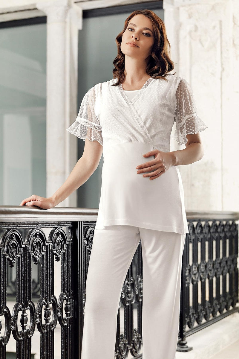 Shopymommy 12304 Flywheel Arm Maternity & Nursing wear featuring polka dot tulle lace design, showcasing comfort and style for mothers.