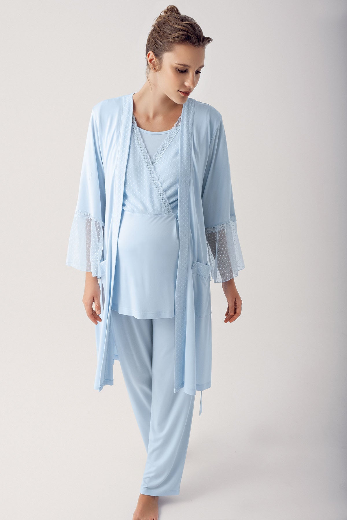 Shopymommy 12304 Flywheel Arm Maternity & Nursing wear featuring polka dot tulle lace design, showcasing comfort and style for mothers.