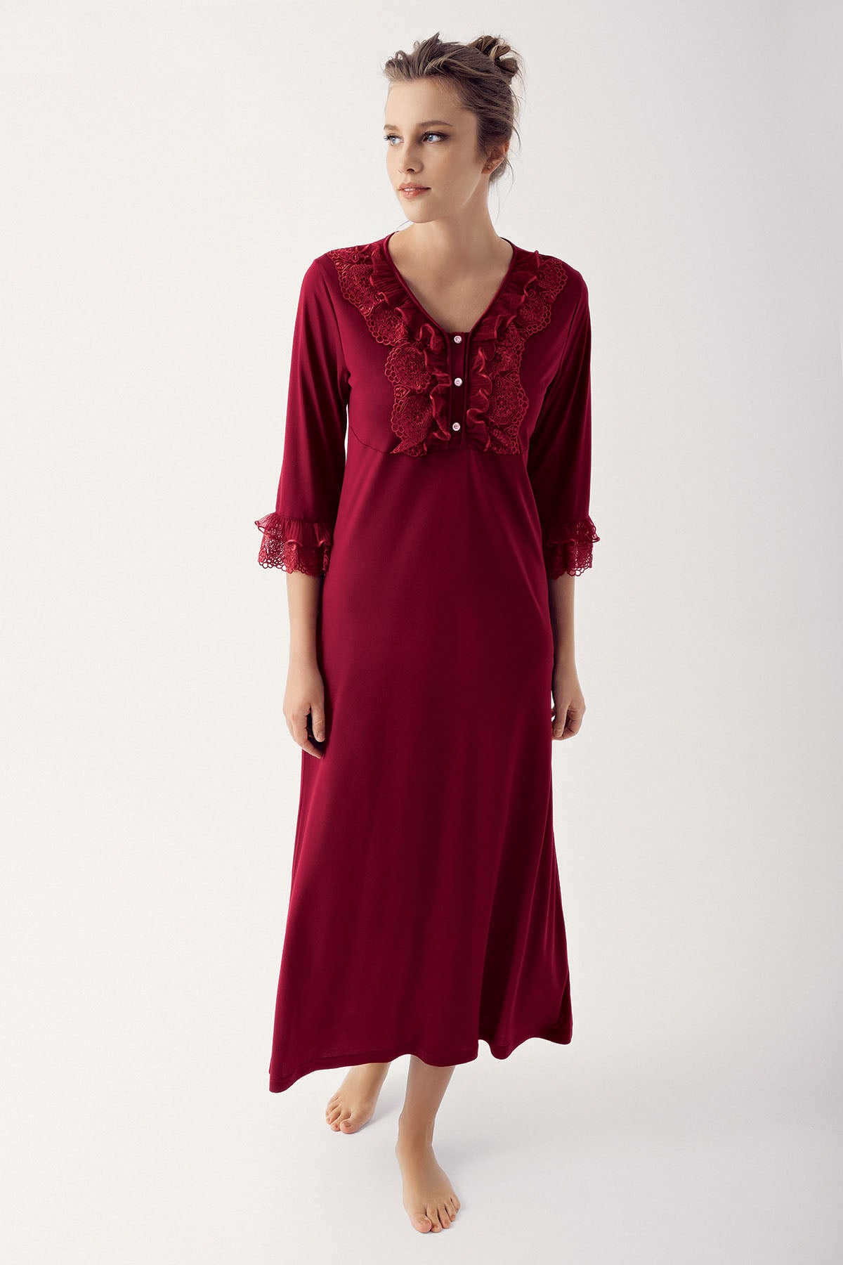 Shopymommy Leaf Lace Maternity Nightgown with matching robe, showcasing elegant design and comfortable fabric.