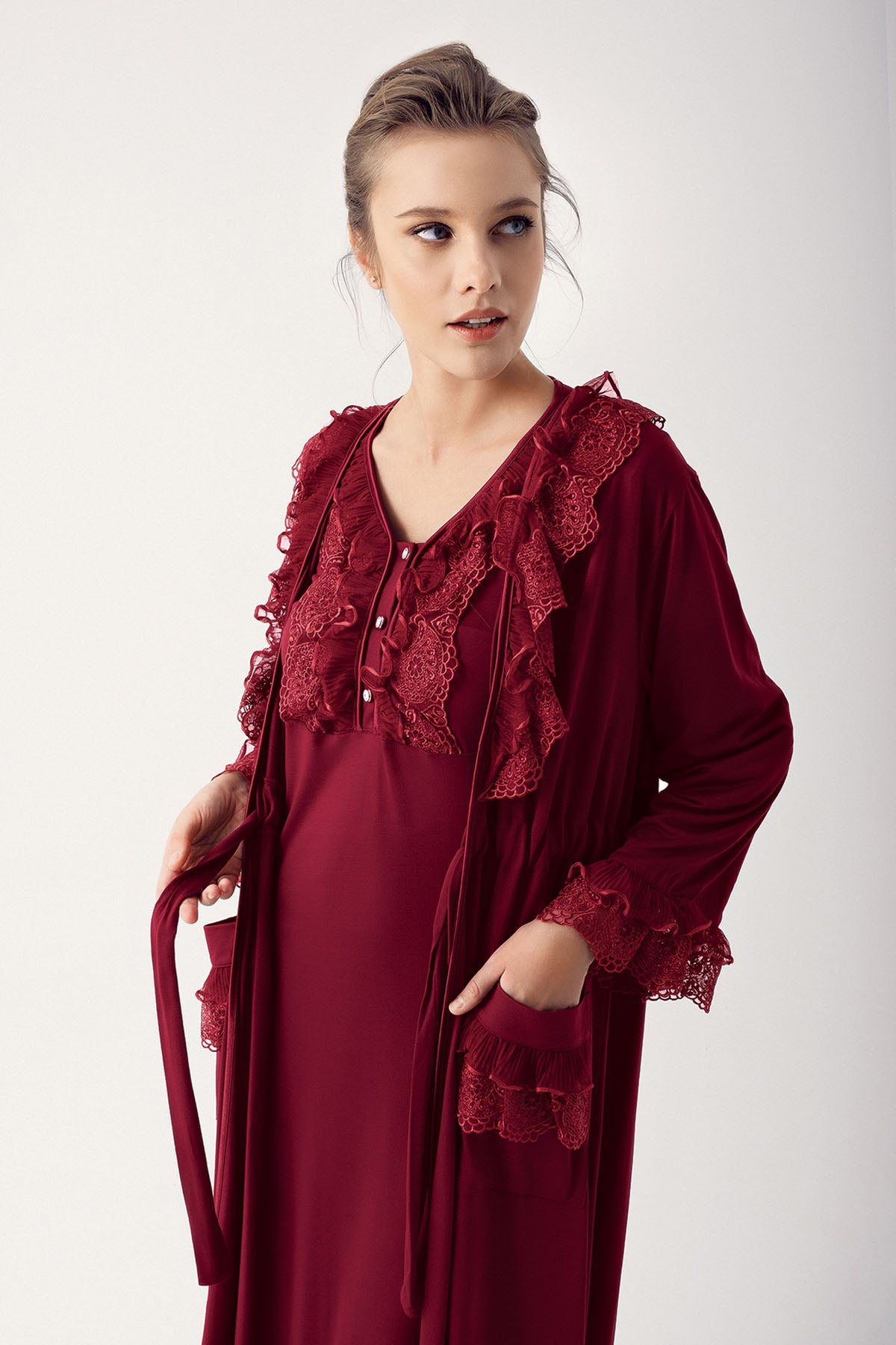 Shopymommy Leaf Lace Maternity Nightgown with matching robe, showcasing elegant design and comfortable fabric.