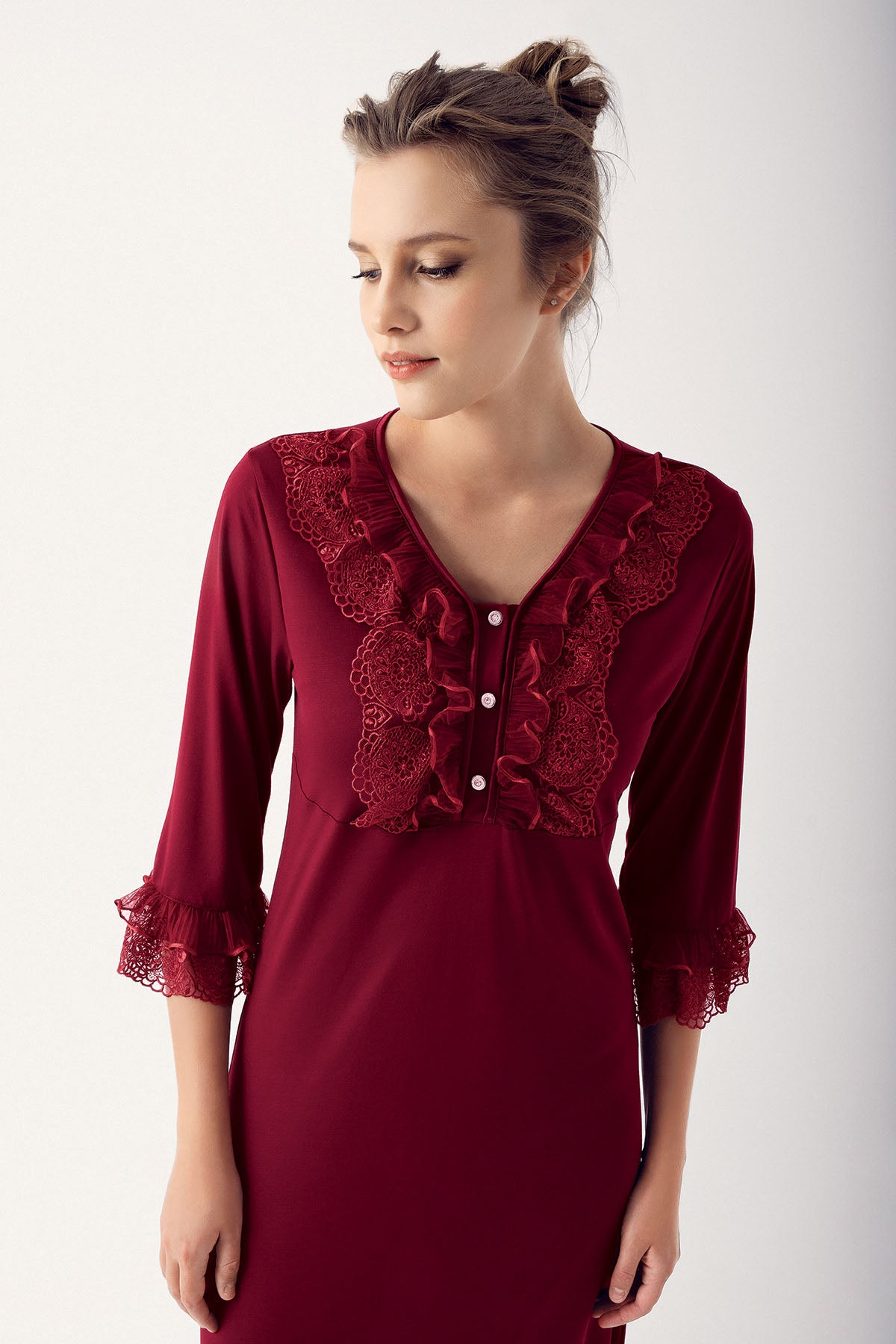 Shopymommy Leaf Lace Maternity Nightgown with matching robe, showcasing elegant design and comfortable fabric.