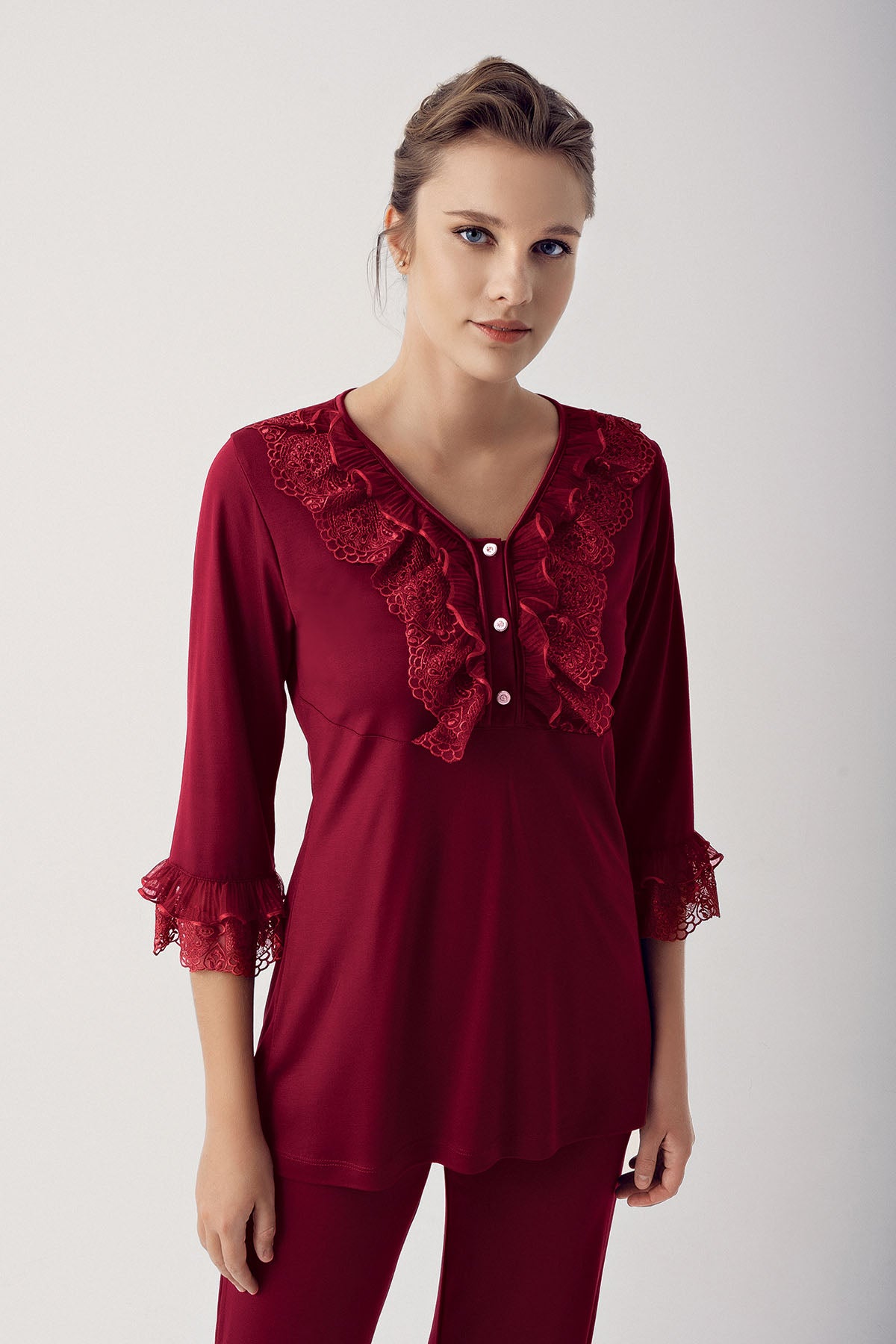 Shopymommy 14203 Leaf Lace Maternity & Nursing Pajamas in Claret Red, featuring a stylish design and front button opening for breastfeeding.