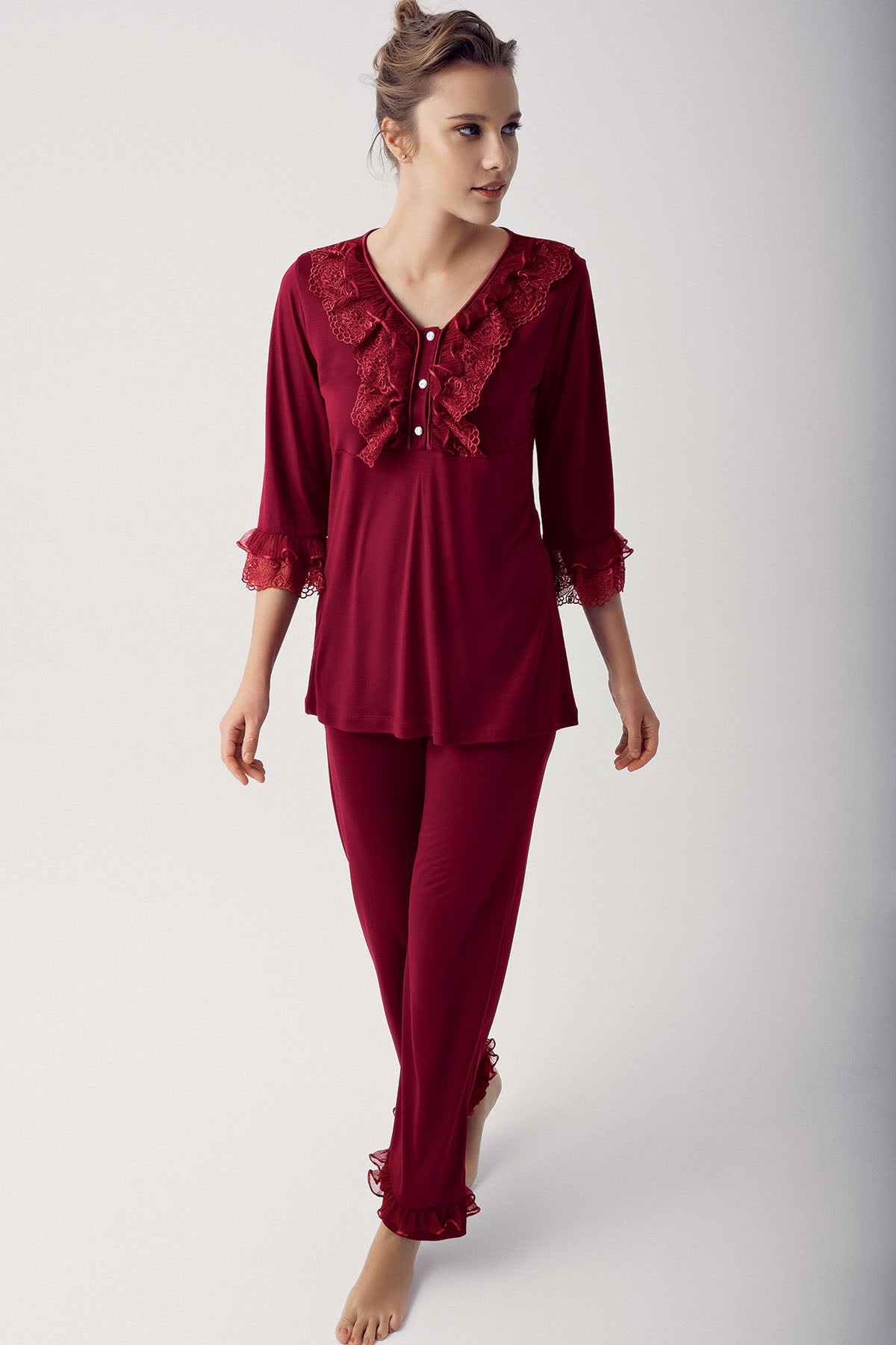 Shopymommy 14203 Leaf Lace Maternity & Nursing Pajamas in Claret Red, featuring a stylish design and front button opening for breastfeeding.