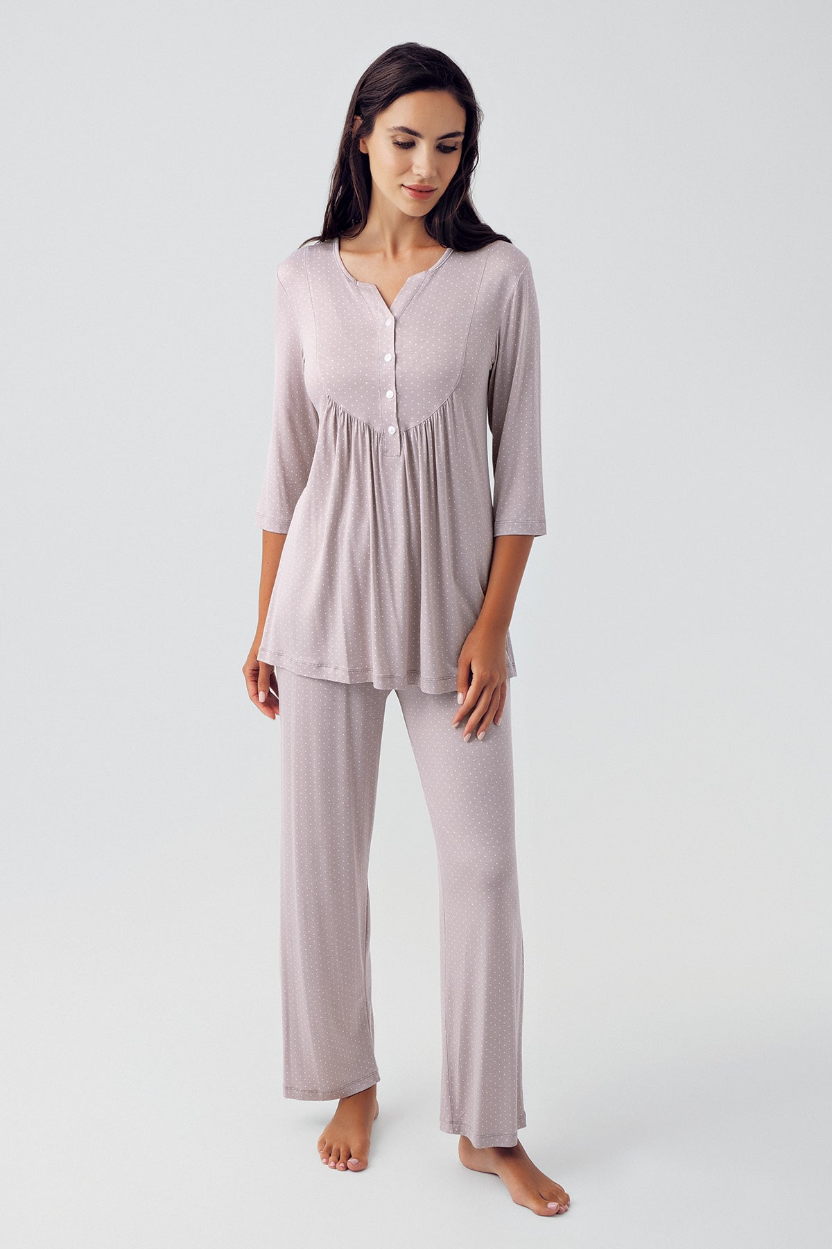 Shopymommy 15204 Polka Dot Maternity & Nursing Pajamas in coffee color, featuring a double breasted opening for easy breastfeeding.