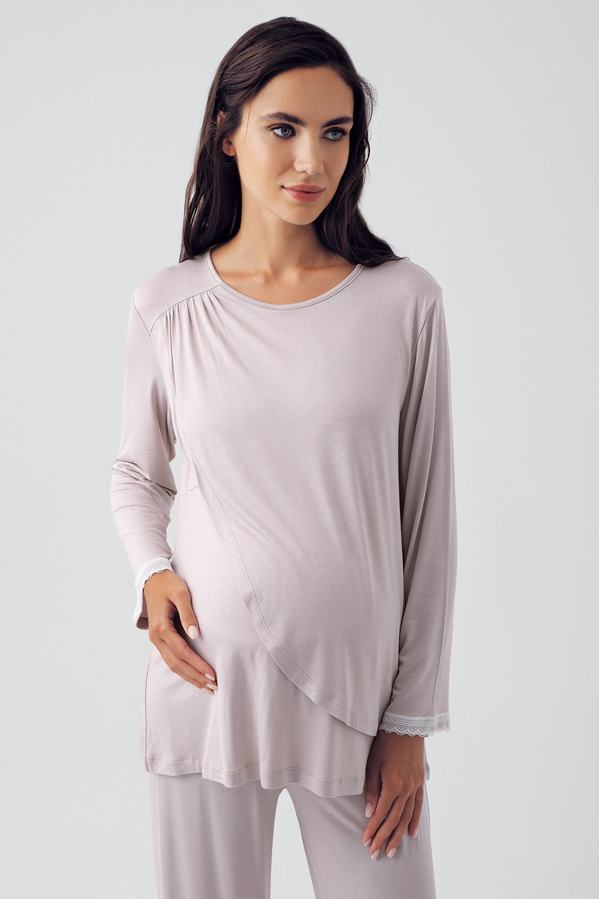 Shopymommy 15209 Wide Double Breasted Maternity & Nursing Pajamas in soft organic fabric, featuring a stylish design for comfort during pregnancy and breastfeeding.