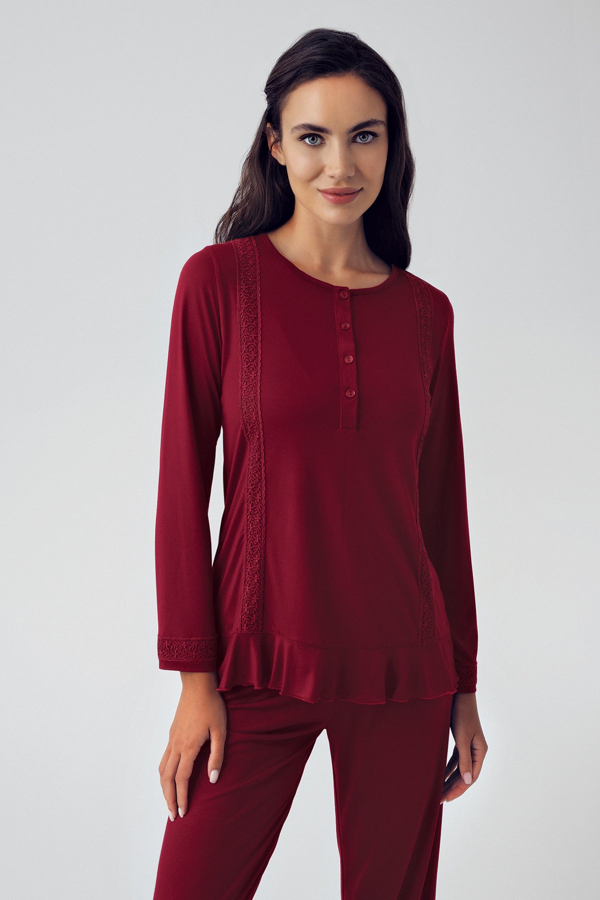 Shopymommy 15216 Pleated Maternity & Nursing Pajamas in claret red, featuring front buttons for easy breastfeeding access and a stylish pleated design.