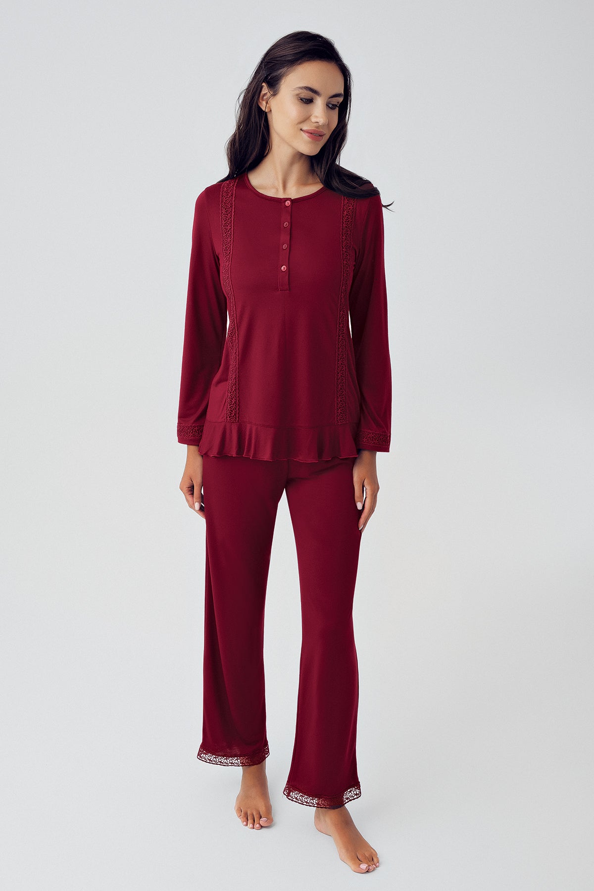 Shopymommy 15216 Pleated Maternity & Nursing Pajamas in claret red, featuring front buttons for easy breastfeeding access and a stylish pleated design.