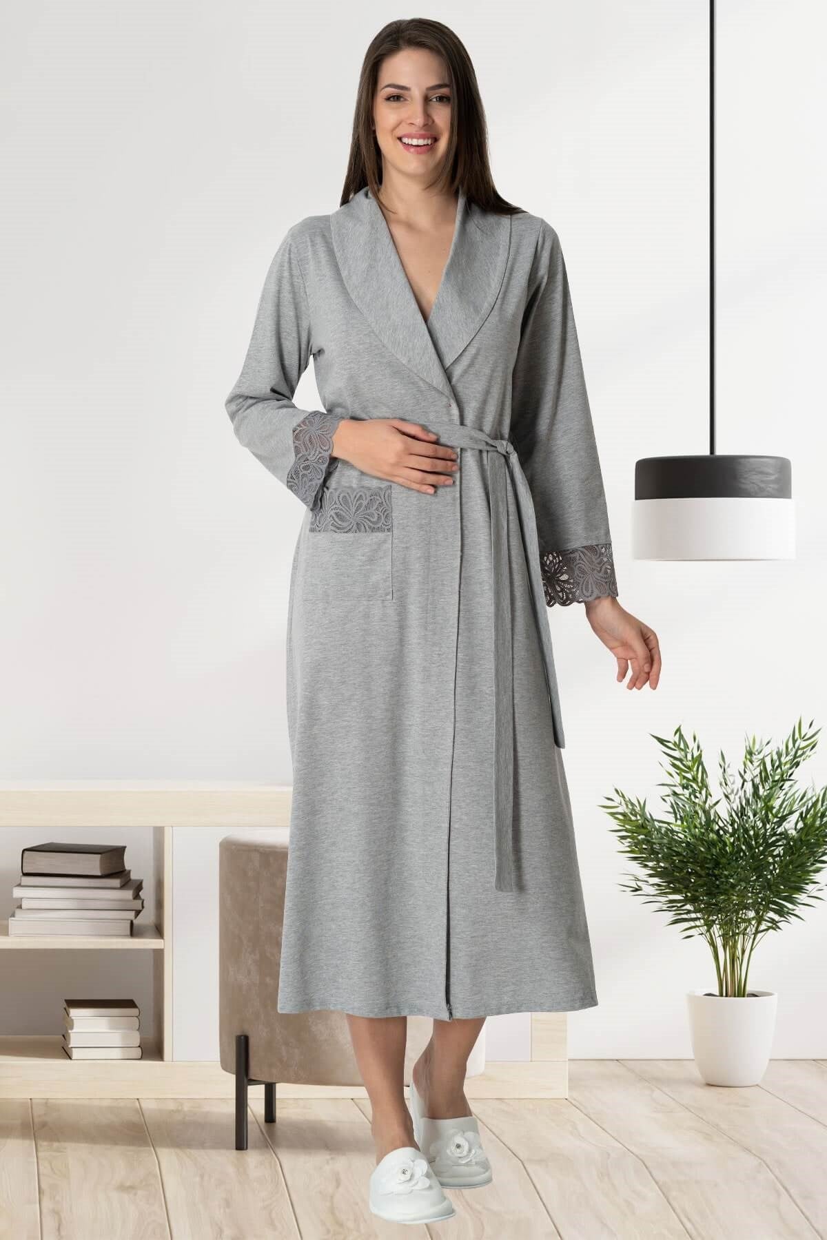 Shopymommy 1543 Lace Maternity Robe in Grey, featuring elegant lace detailing and a comfortable fit for pregnancy and postpartum.