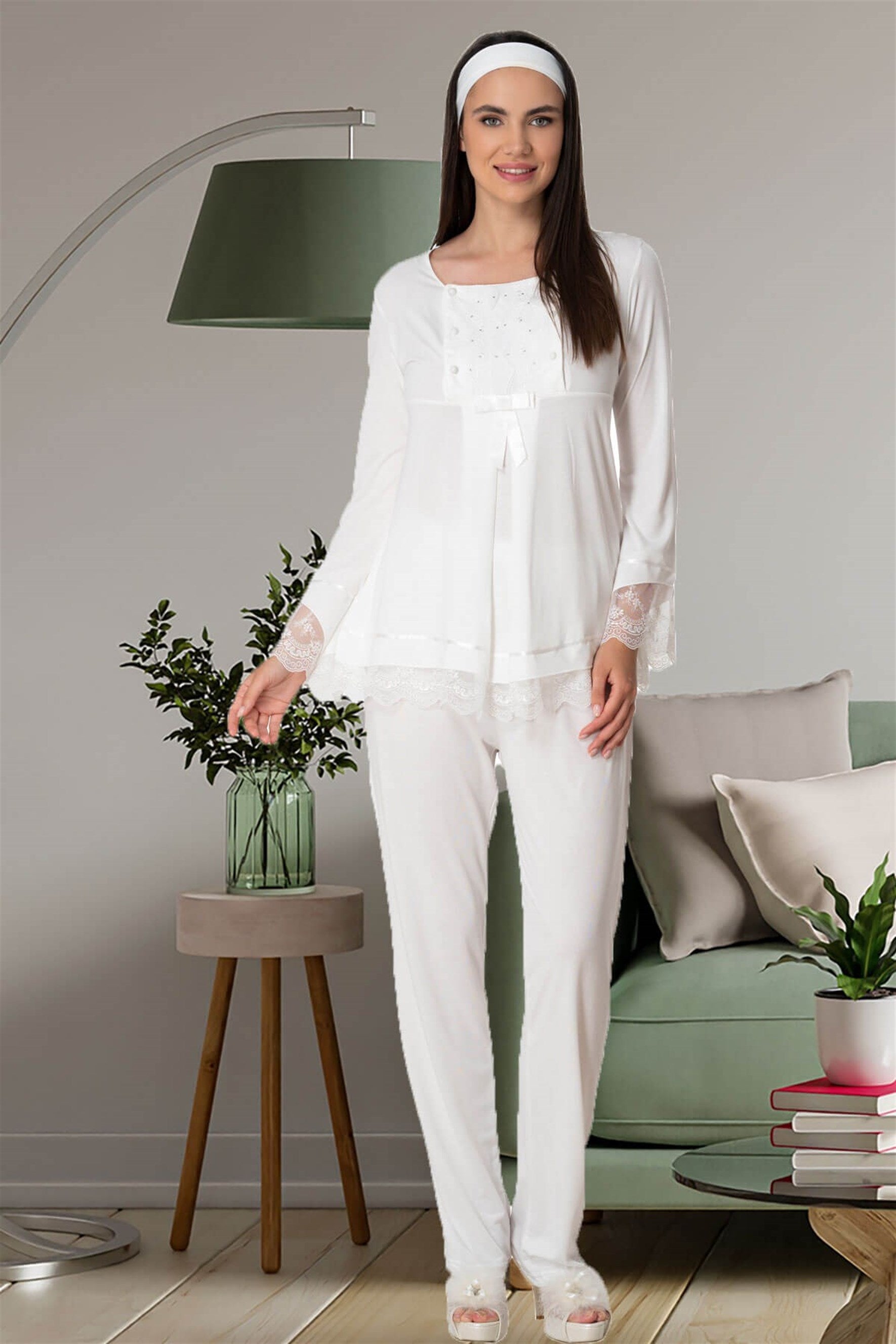 Shopymommy 1820 Lace Sleeve Maternity Pajamas in Ecru, featuring elegant lace sleeves and adjustable elastic waist.