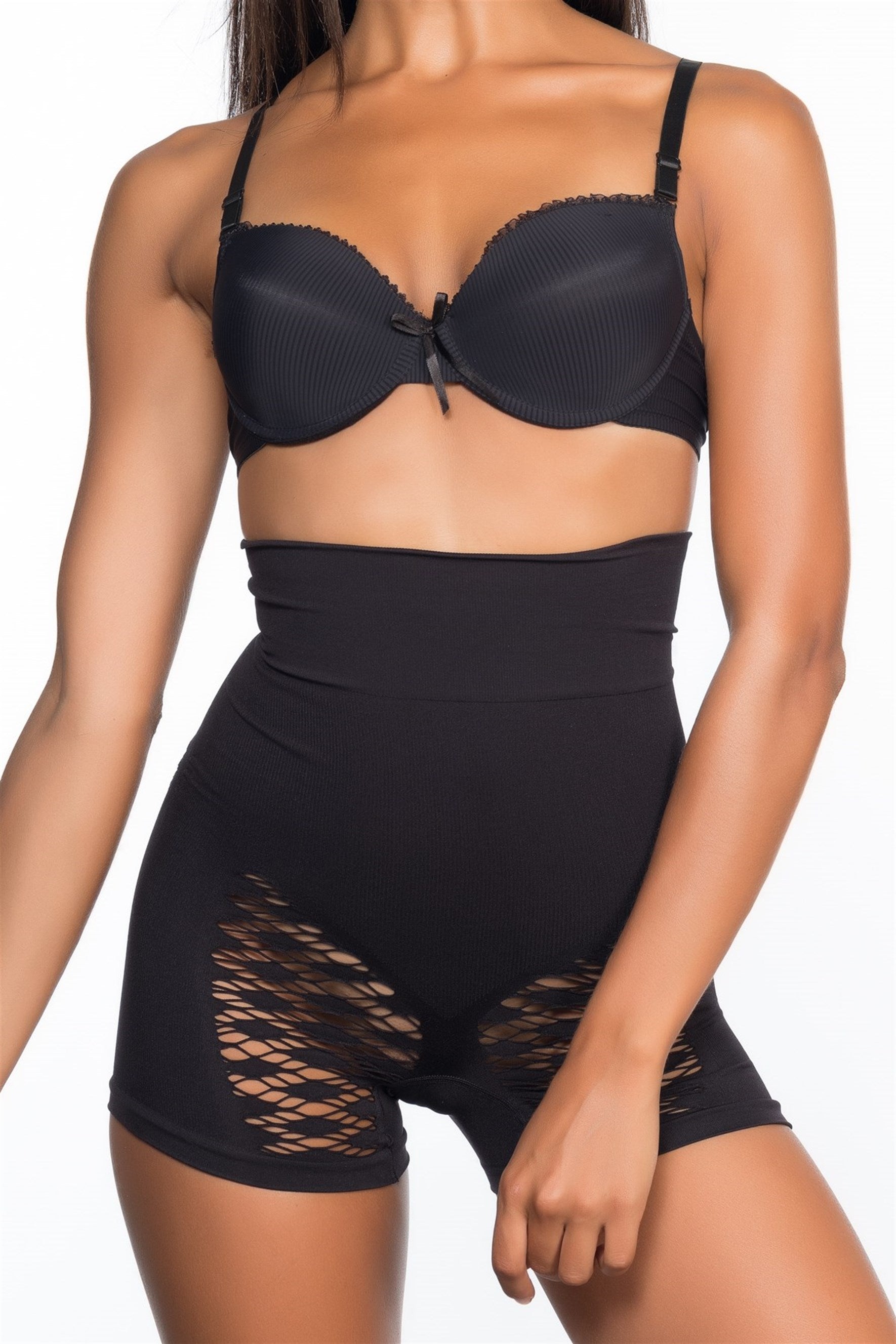 Shopymommy 2064 Seamless Boxer Postpartum Corset in black, featuring anti-slip silicone backing and breathable fabric for postpartum recovery.