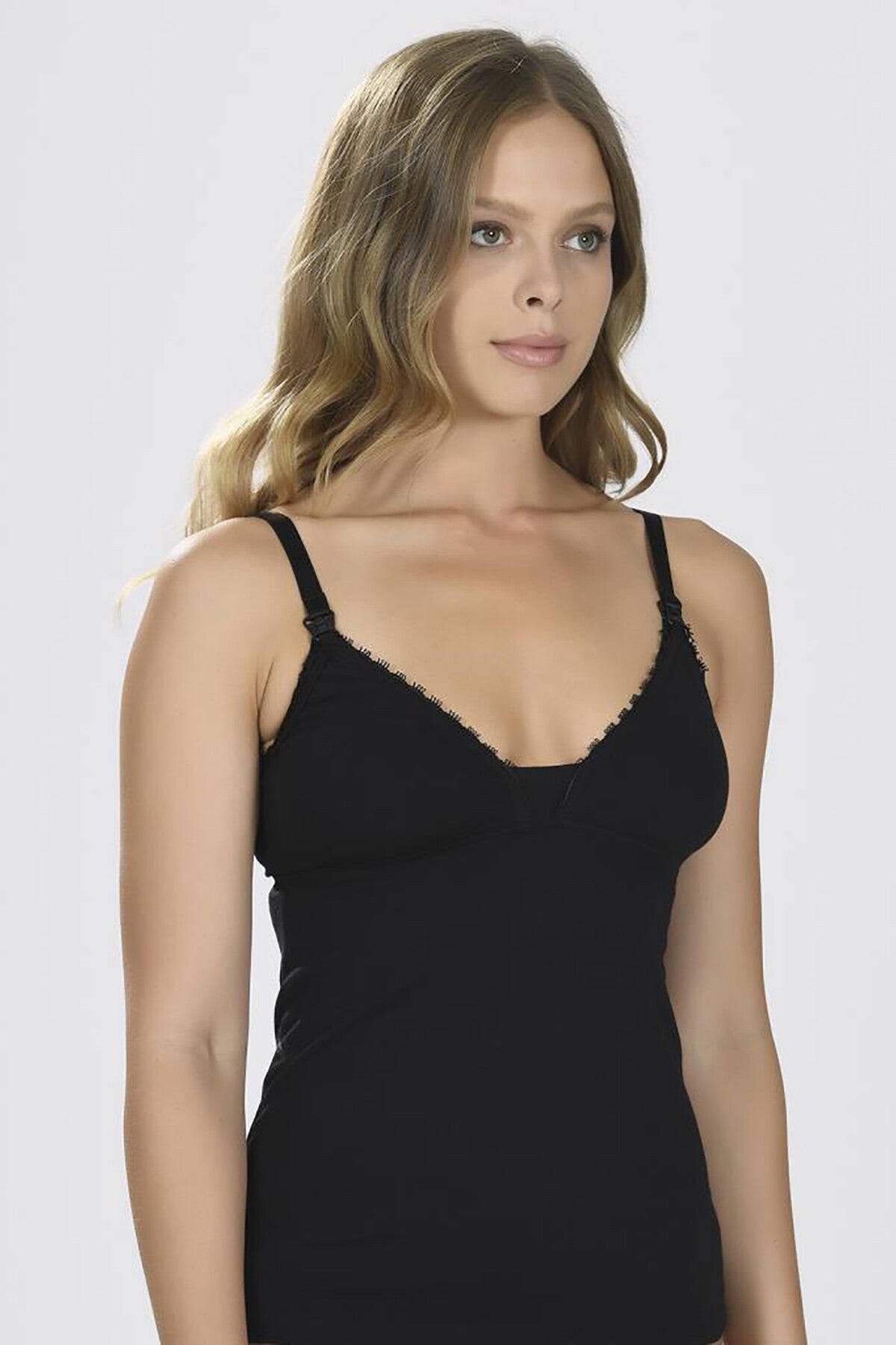 Shopymommy 3050 Cotton Nursing Tank Top in Black, featuring easy-opening hooks and a soft cotton fabric for comfortable breastfeeding.