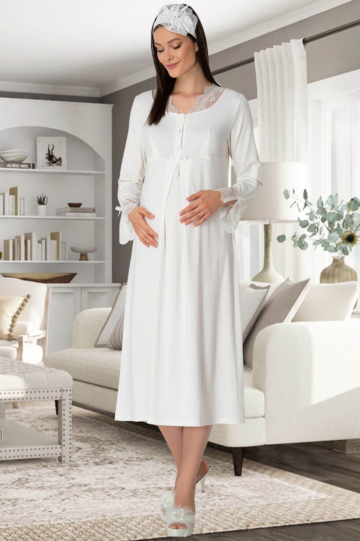 Shopymommy 5312 Lace Sleeves Maternity & Nursing Nightgown in Ecru, featuring elegant lace sleeves and a comfortable design for breastfeeding.