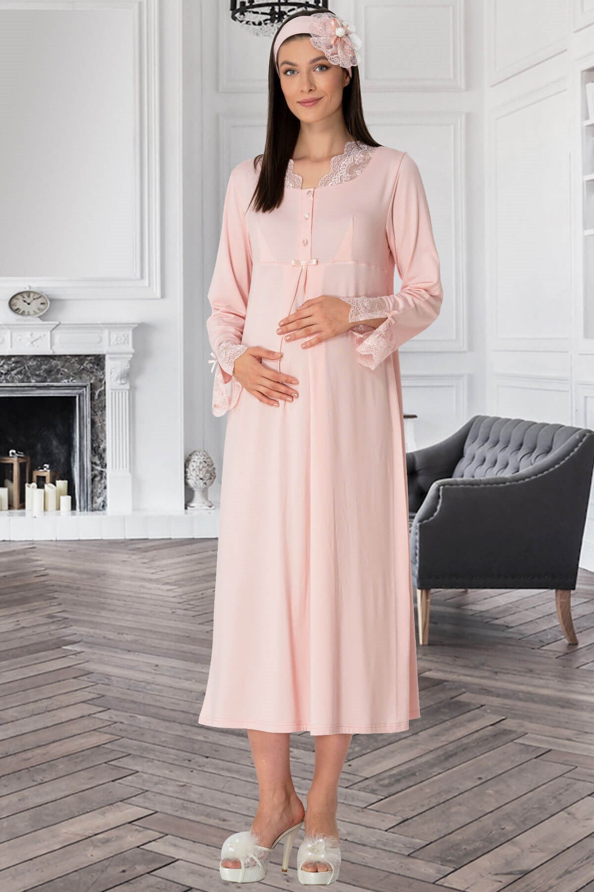 Shopymommy 5312 Lace Sleeves Maternity & Nursing Nightgown in Powder, featuring elegant lace sleeves and front button access for breastfeeding.