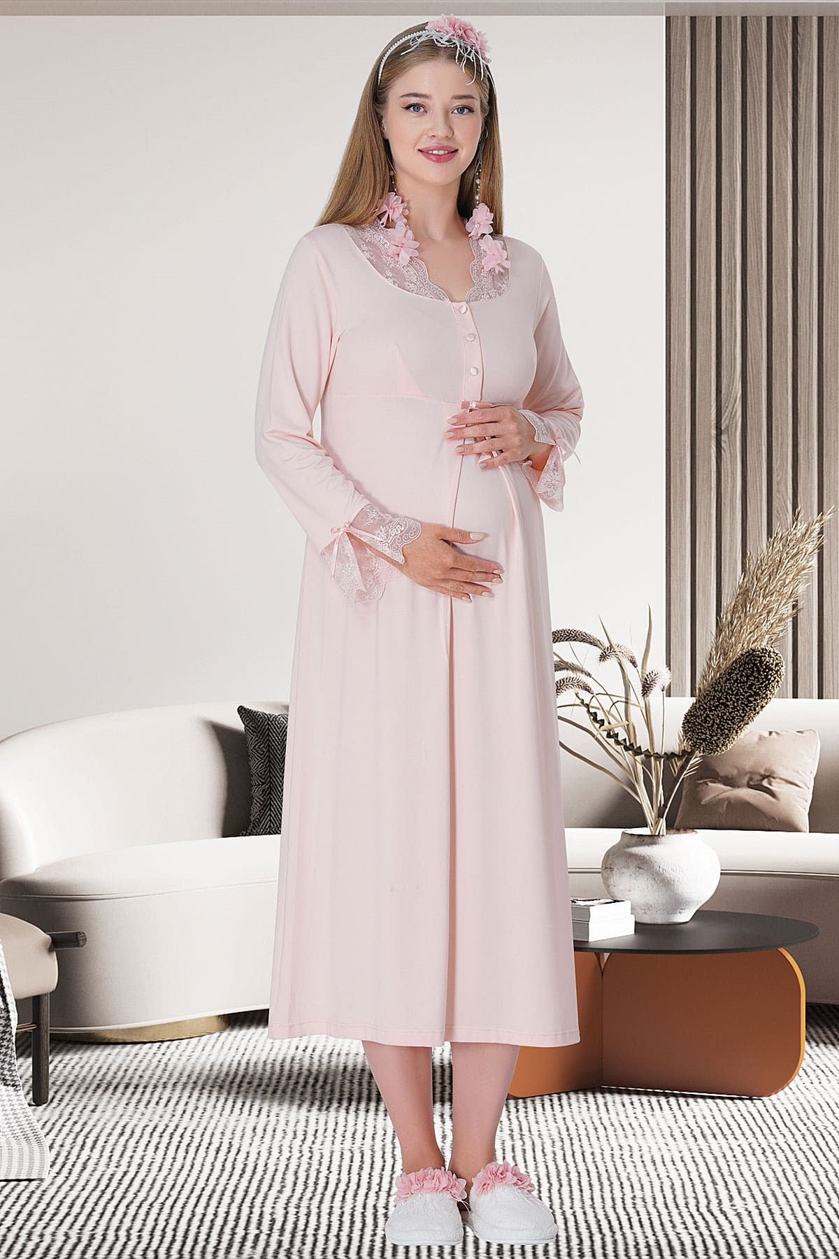 Shopymommy 5312 Lace Sleeves Maternity & Nursing Nightgown in Powder, featuring elegant lace sleeves and front button access for breastfeeding.