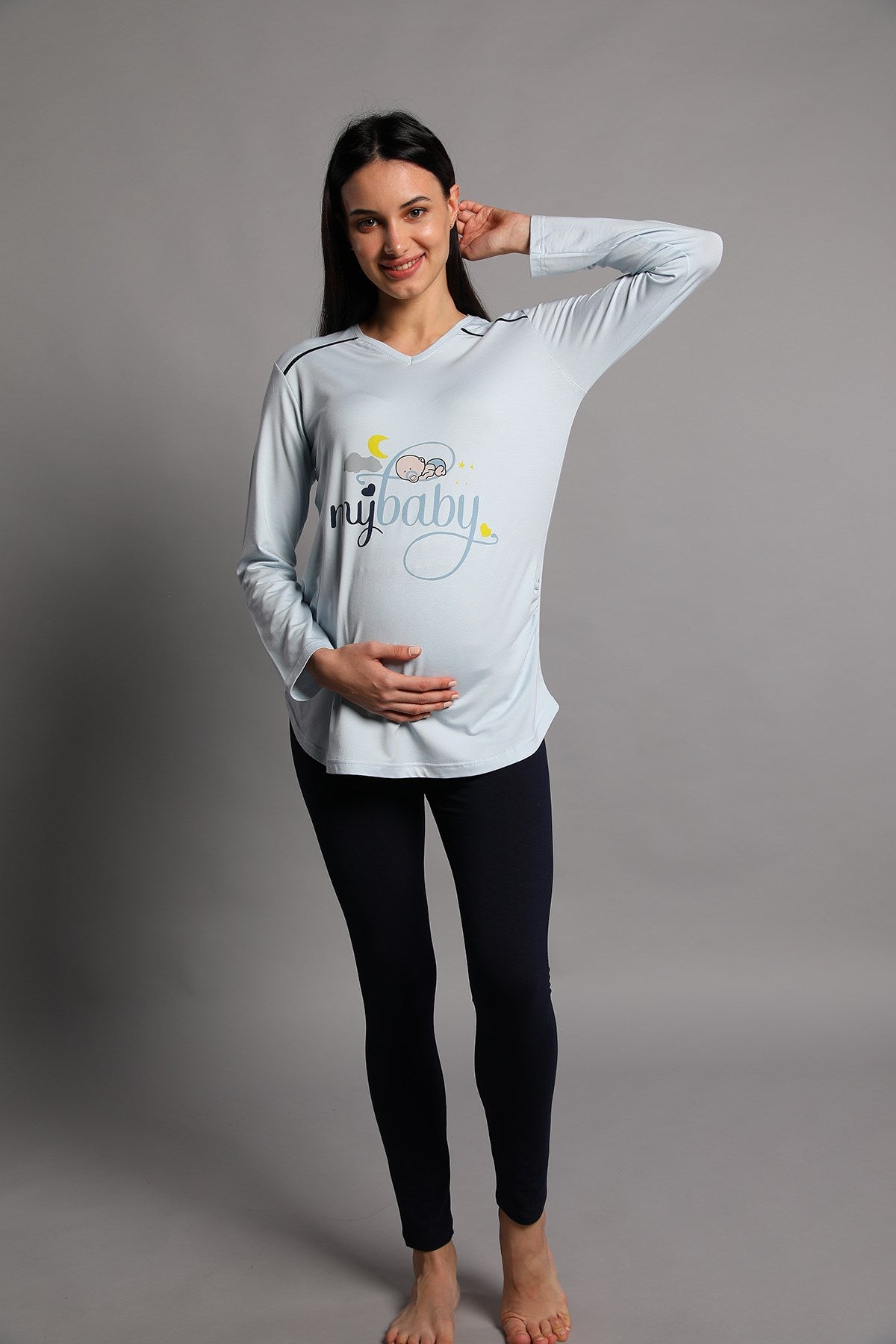 Shopymommy 5345 Maternity T-Shirt and Tights Set in Blue, showcasing organic fabric and stylish design for comfort during pregnancy.