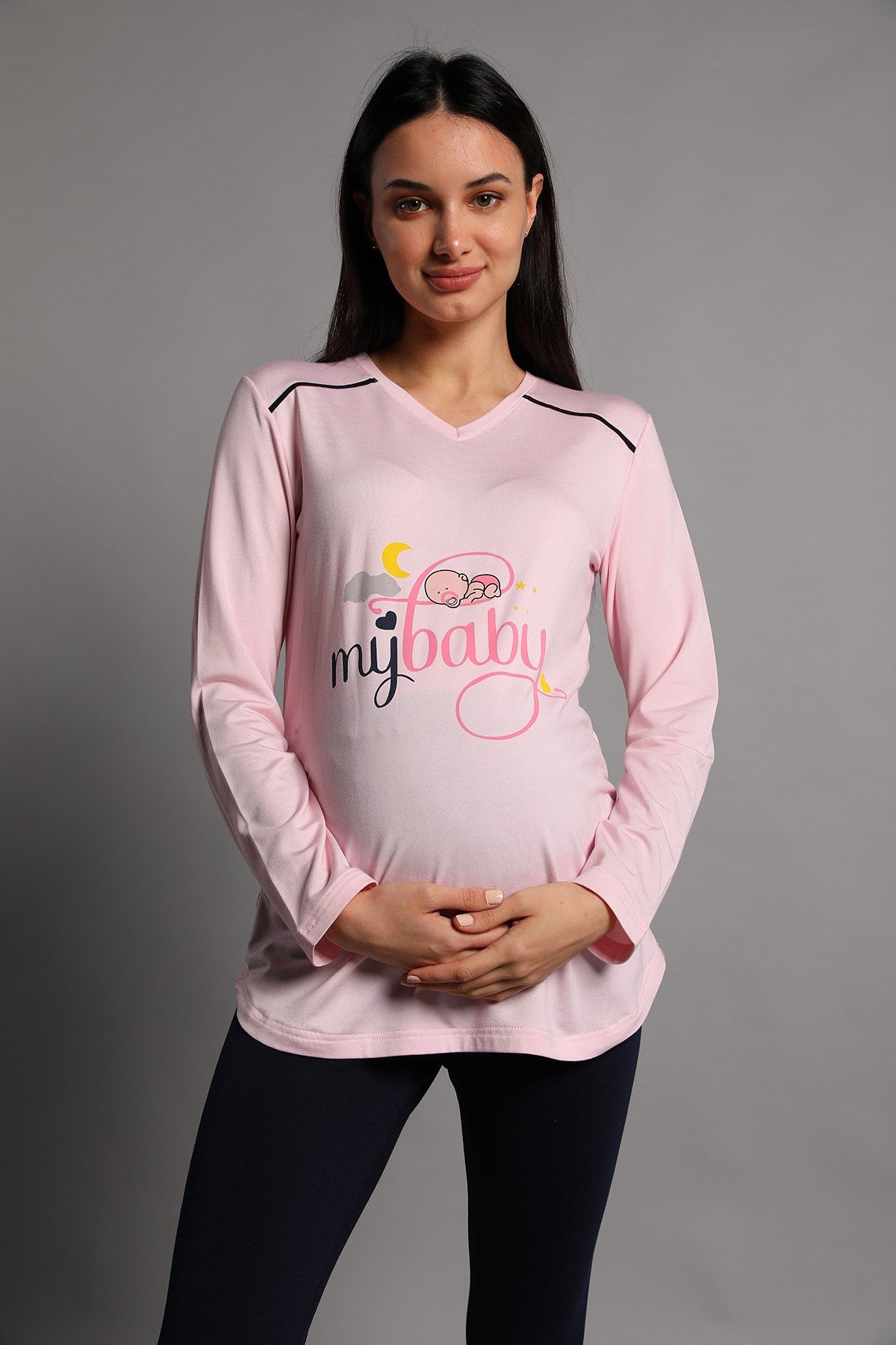 Shopymommy 5345 My Baby Maternity T-Shirt and Tights Set in Pink, showcasing soft fabric and stylish design for expecting mothers.