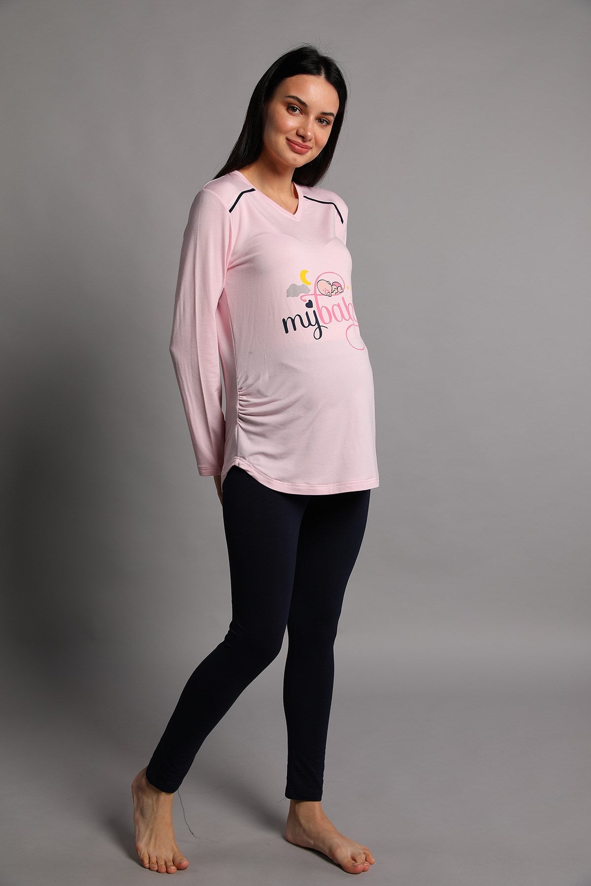 Shopymommy 5345 My Baby Maternity T-Shirt and Tights Set in Pink, showcasing soft fabric and stylish design for expecting mothers.