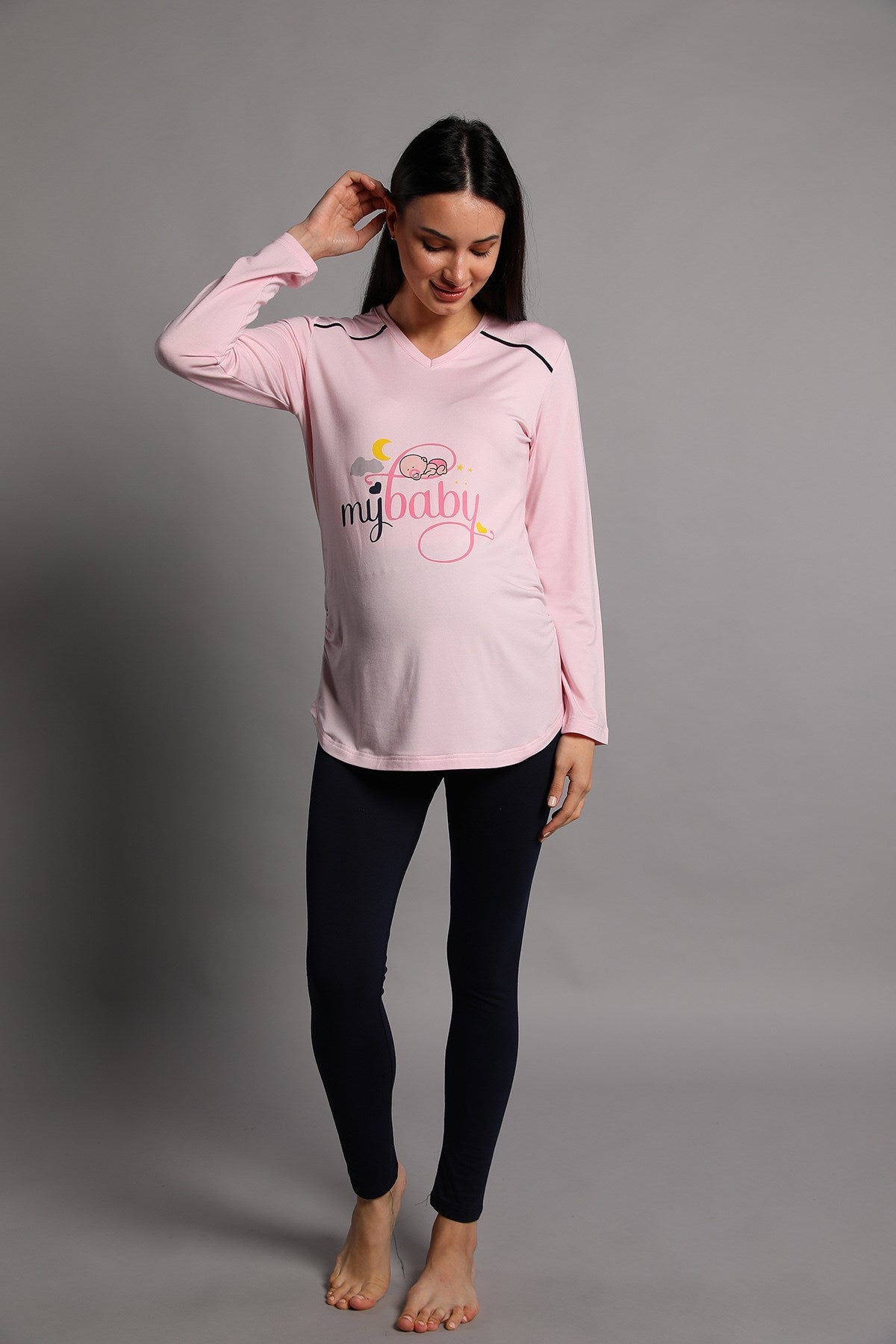 Shopymommy 5345 My Baby Maternity T-Shirt and Tights Set in Pink, showcasing soft fabric and stylish design for expecting mothers.