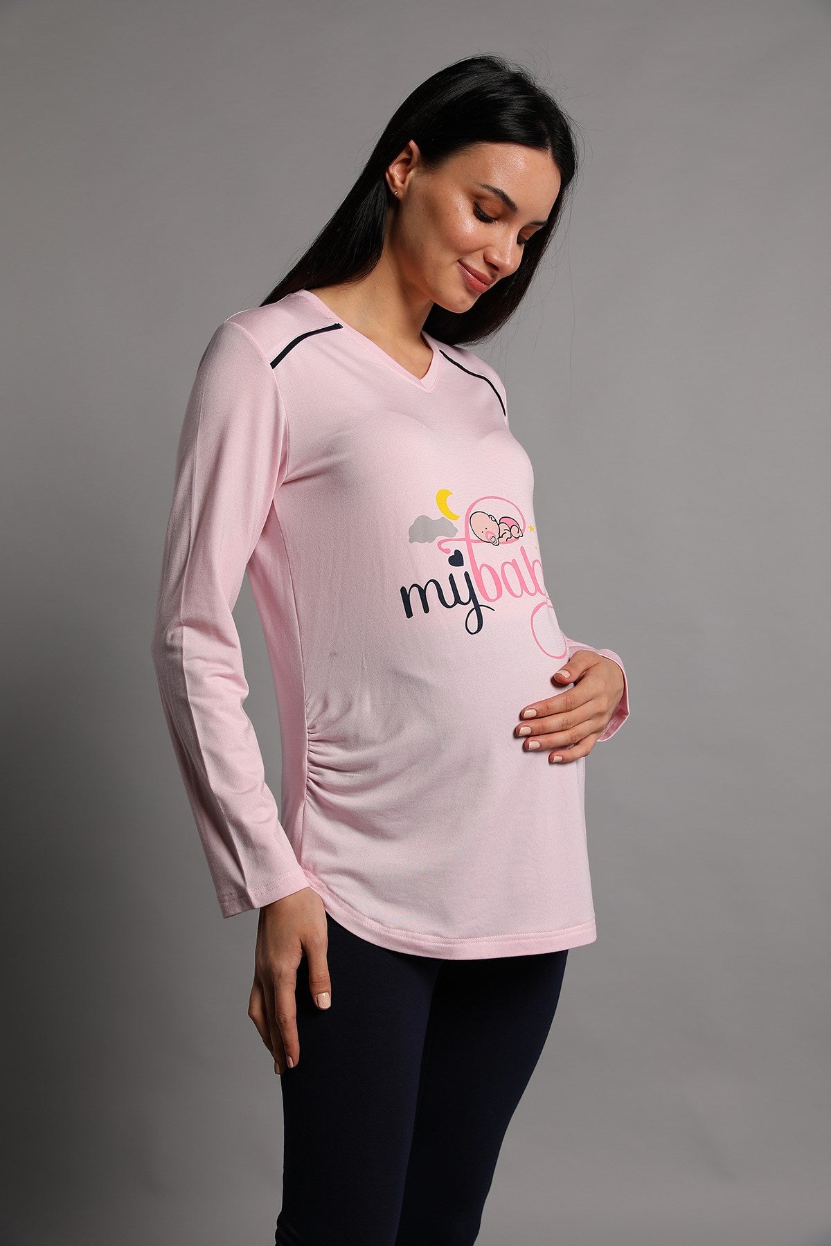 Shopymommy 5345 My Baby Maternity T-Shirt and Tights Set in Pink, showcasing soft fabric and stylish design for expecting mothers.