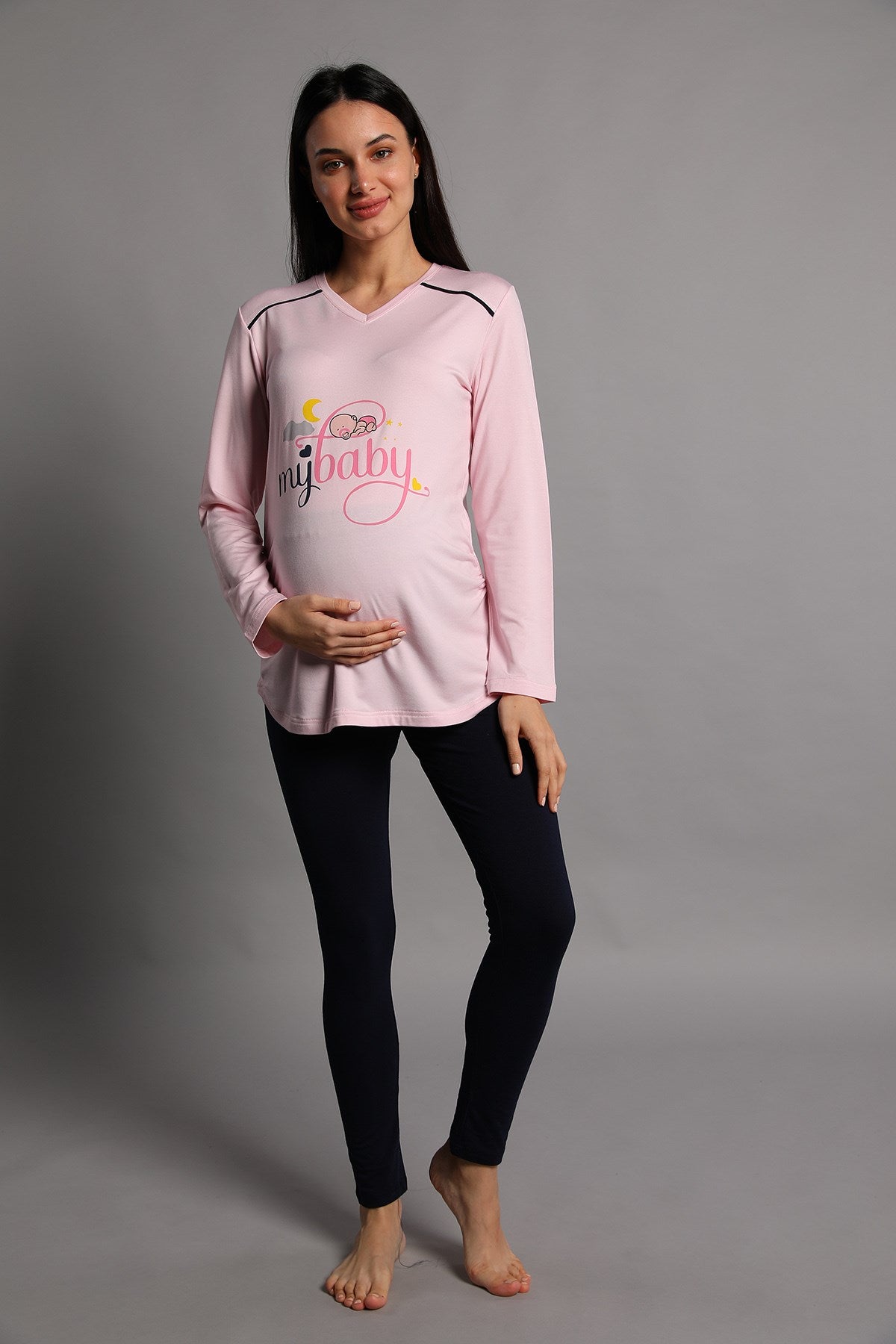 Shopymommy 5345 My Baby Maternity T-Shirt and Tights Set in Pink, showcasing soft fabric and stylish design for expecting mothers.